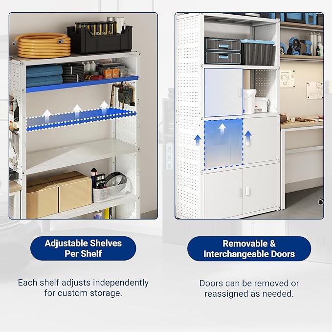 FLEXIMOUNTS Garage Storage Cabinet System, 3-in-1 Modular Metal Tool Cabinet w/Workbench and Metal Board Shelf Includes Pegboard, 24-Gauge Steel, 117"(L) w/ 6 Doors, White, FLEXIMOD Series