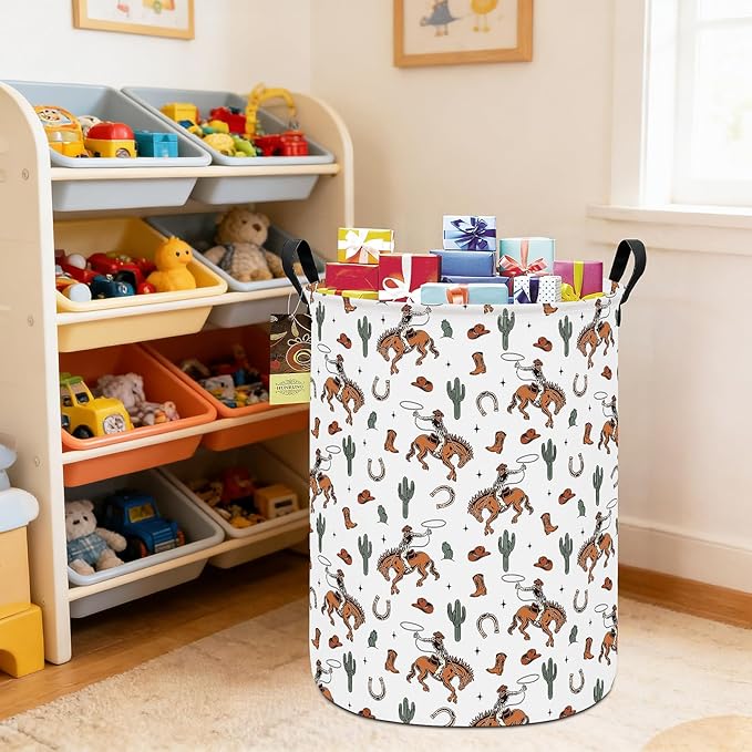 HUNRUNG Collapsible Fabric Storage Basket, Waterproof Laundry Hamper with Handles, Round Storage Bin for Clothes Toys, Foldable Organizer for Bedroom Nursery Bathroom(Round-Cowboy)