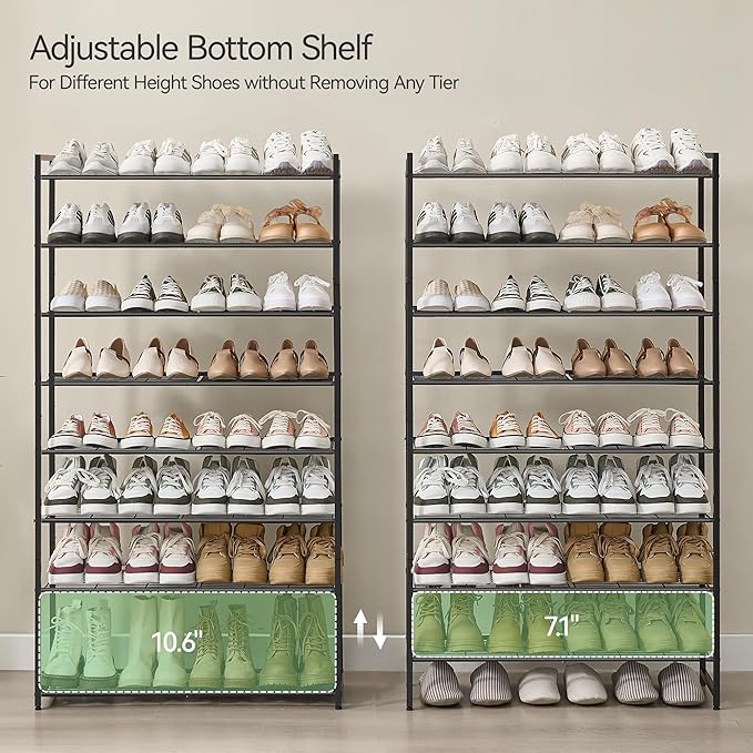 Nunsino Shoe Rack for Closet, Metal Shoe Organizer, 8 Tier Garage Shoe Rack Max Holds 40 Pairs,Shoe Storage Shelf,Entryway, Black