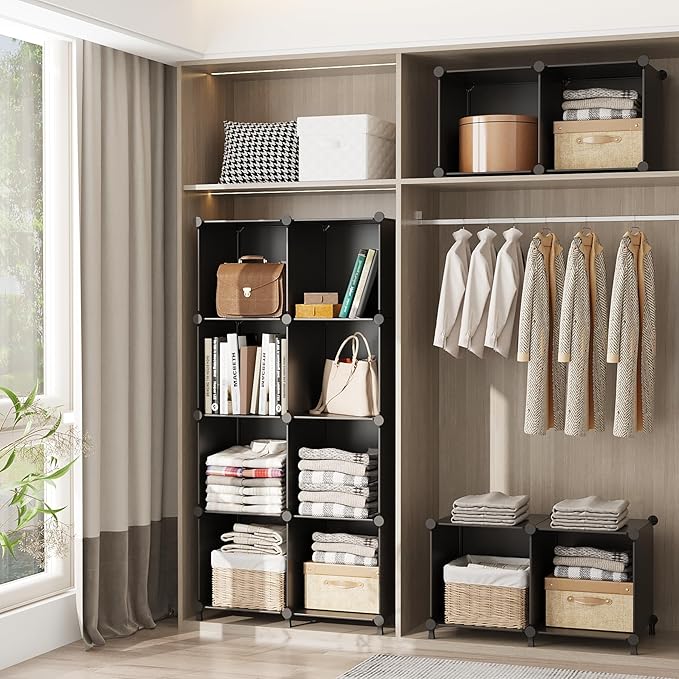 AWTATOS 8 Cube Storage Organizer, Closet Organizer Storage Shelf, Bookcase Bookshelf, DIY Stackable Storage Cubes Shelves for Closet, Bedroom, Home, Office, Black