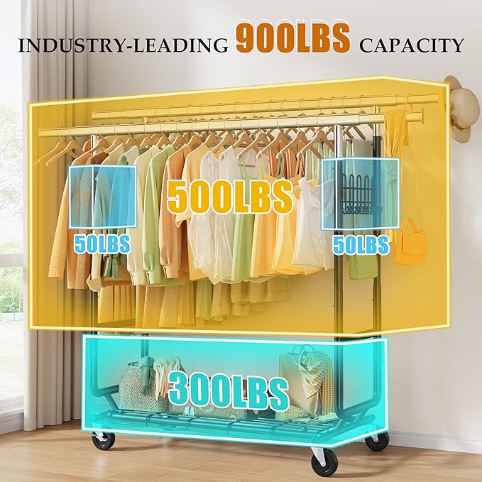 Gewudraw Heavy Duty Clothes Rack Load 900 Lbs, Commercial Double Rod Rolling Clothing Rack With Sturdy Wheel And Shelves，Adjustable Portable Hanging Rack For Clothes,Black