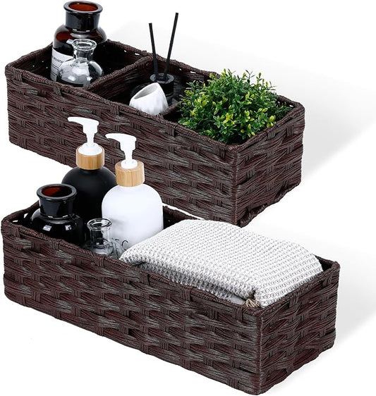 DULLEMELO Toilet Paper Basket for Organizing, Plastic Wicker Bathroom Baskets for Storage, Decorative Towel Baskets for Bathroom, Set of 2, Dark Coffee