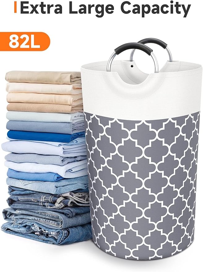 Fabspace Large Laundry Basket Laundry Hamper Bag Washing Bin Clothes Bag Collapsible Tall with Handles Waterproof Travel Bathroom College Essentials Storage for College Dorm, Family (Grey) 82L