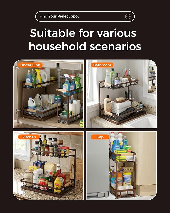 Sevenblue 3 Pack Under Sink Organizer, Multi-Purpose 2 Tier Pull-Out Metal Under Kitchen Sink Organizer, Height Adjustable Storage Shelves for Kitchen Bathroom Cabinet