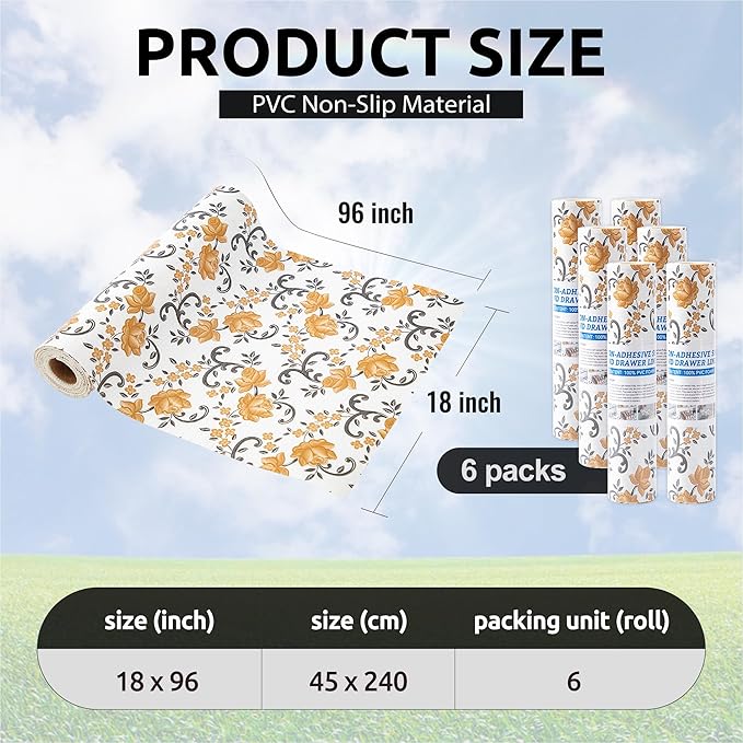 FIFTY FEET 18X96 Inch Shelf Liner for Kitchen Cabinets, PVC Drawer Liner for Dresser Non-Slip Bathroom, Non-Adhesive Cabinet Liner Washable (Yellow Floral)(6 Roll)