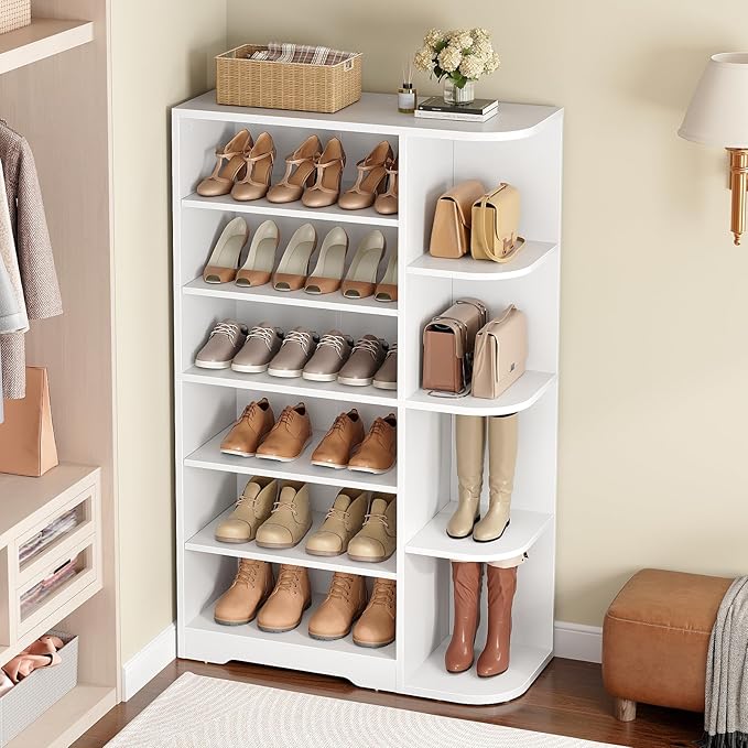 YATINEY Tall Shoe Rack, Multifunctional Shoe Cabinet with Open Storage, Entryway Shoe Organizer for Closet, 7-Tier Wooden Shoe Storage Closet with Adjustable Shelves, White SC02WT