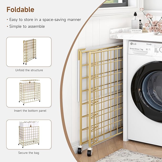 Laundry Basket with Wheels, Heavy Duty Laundry Sorter 3 Sections, 140L (37Gal.) Large Capacity Laundry Hamper with Wood Lid, 360 Rolling Wheels, Extra Side Pocket, Leather Pull Handle, Golden