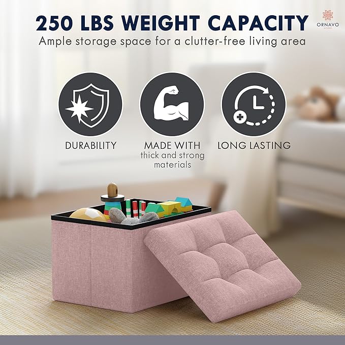 Ornavo Home Small Storage Ottoman, Set of 2, Foldable Collapsible Rectangle Linen Ottoman Foot Rest Stool Seat, for Living Room, Bedroom, Home Office, Dorm - 12 x 16 x 12, Pink