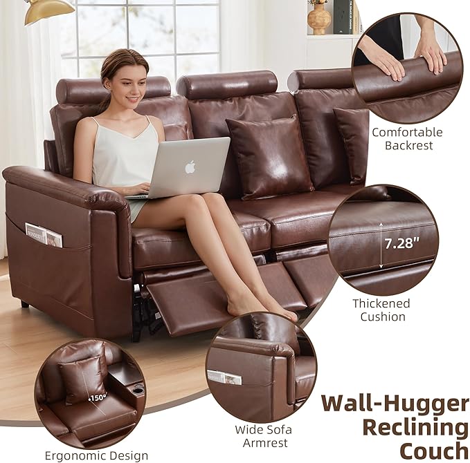 LEVNARY 3-Seater Modular Reclining Sofa, Upholstered Faux Leather Power Recliner Couch with 3 Electric Seats, 3 Pillows & Side Pockets, Adjustable Back & Footrest, Living Room Furniture (Brown)