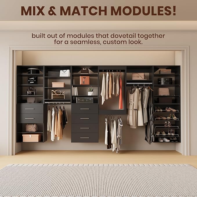 ROOMTEC Modular Closet System, 67" Wall-Mounted Closet Organizer with Hanging Rods and Shelves, Wooden Tower for Walk-In Closets, Wardrobe Storage Kit, Black