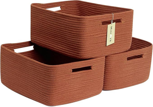 MiniArk Large Storage Baskets for Shelves, Closet Organizers Bins for Clothes Blanket Towels, Baby Nursery, Toy Baskets Box, Woven Rope Baskets, 17 x 13 x 7.5”, 3 Packs Oxide Red