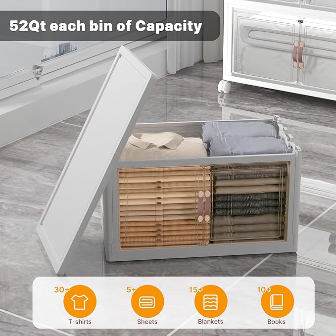 UAMFURI Stackable Storage Bins with Lids, 260QT Closet Organizers and Storage with Doors and Wheels, Extra Large Storage Cabinet, Collapsible Plastic Drawers for Bedroom Dorm Office Garage