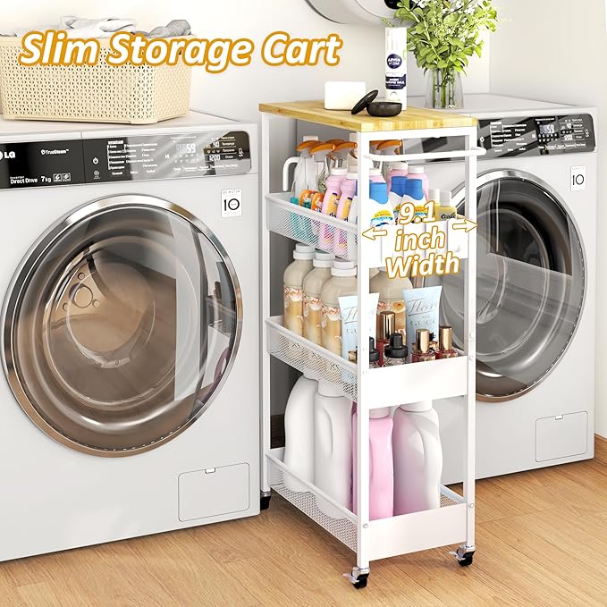 Vincona Slim Rolling Utility Cart, 4 Tier Metal Narrow Storage Cart with Handle and Wood Top, Multifunctional Small Mobile Shelf Unit Organizer Trolley for Laundry, Bathroom, Kitchen