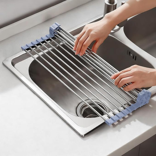 NEZUIBAN Dish Drying Rack with Roll Up and Over Sink for Kitchen,17.5"x11.8",Gray