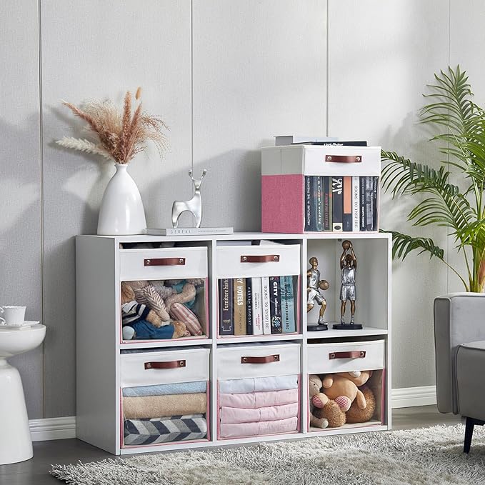 Bagnizer Storage Cubes, 4 Pack Linen Foldable Storage Bins (13 x 13 inch) with Clear Window and Handles, Fabric Organizer for Shelf Closet, Clothes, Books - (Pink and White)