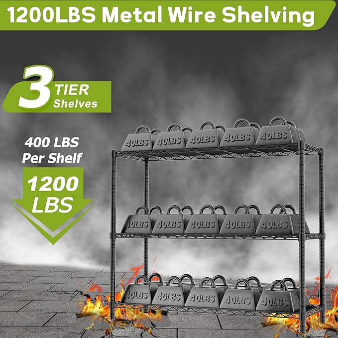 45" W x 20" D x 47" H Heavy Duty Wire Shelving Unit, 3-Tier Utility Storage Rack 1200 lbs Capacity, Adjustable Garage Shelves for Kitchen Garage Pantry, Easy Assembly