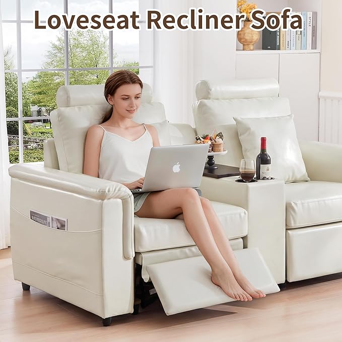 LEVNARY 2-Seater Modular Reclining Sofa with Center Console, Upholstered Faux Leather Power Recliner Loveseat with Cup Holders, USB Charging, Side Pockets & 2 Pillows, Living Room Furniture (White)