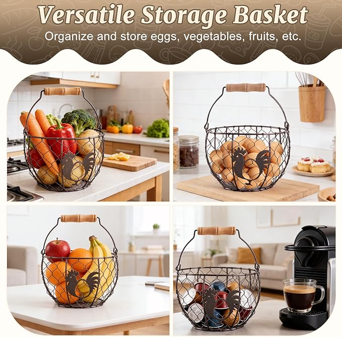 Consevisen Egg Basket for Gathering Fresh Chicken Eggs, 2 Pack, Metal Wire Basket with Wooden Handle, Collecting and Storage Holder for Kitchen Countertop with Vintage Farmhouse Rooster Decor, Round