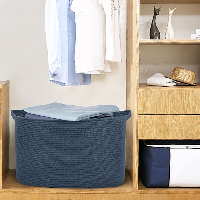 MEGASKET Extra Large Rectangle Storage Basket, 23.6" x 17" x 12" Dark Blue Blanket Storage for Living Room, Large Woven Cotton Rope Storage Box, Soft Kids Toy Basket Organizer Bin, Big Wicker Basket