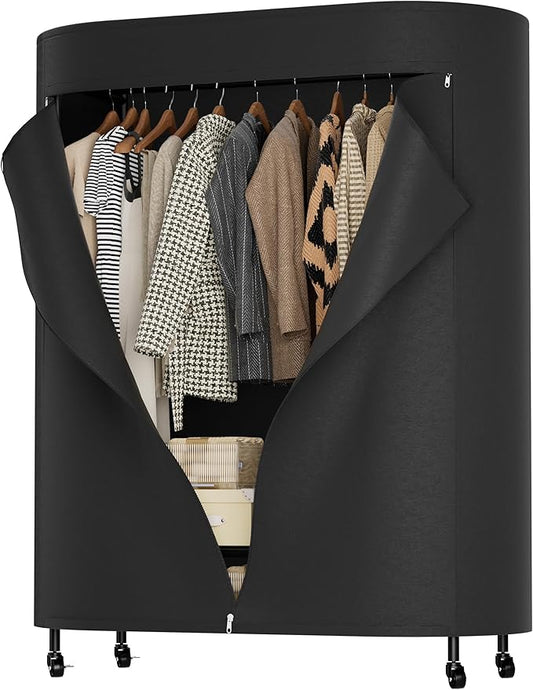Clothes Rack with Cover, Heavy Duty Portable Closet for Hanging Clothes, Rolling Clothing Closet, Garment Rack with Wheels&Side Hooks, Closet Organizers and Storage with Black Cover, Max Load 380LBS