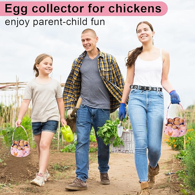 Egg Collecting Basket, Canvas Egg Basket for Gathering with 7 Pouches for Chicken, Duck, Goose, Bird, Various Poultry Collection (Cartoon Chicken Style 1)