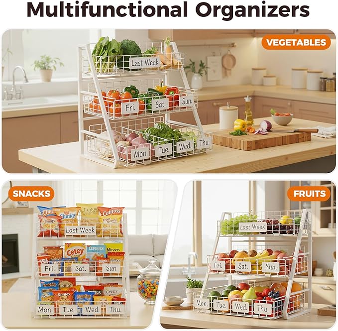 Sevenblue Upgraded Egg Holder Countertop with Removable 5 Dividers & Date Plate, 3 Tier Pull Out Large Egg Basket for Gathering Fresh Eggs, Kitchen Organizer, The Size - 16.7“x16.6”x11.3