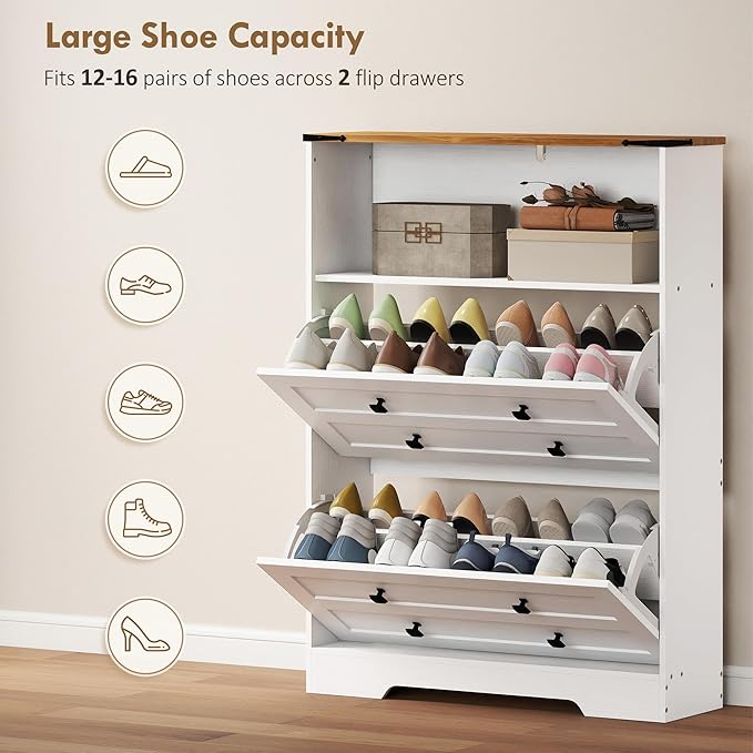 HOMCOM Shoe Cabinet with 2 Flip Drawers, Narrow Shoe Storage Cabinet with Adjustable Shelves and Open Shelf, Farmhouse Storage Organizer for Entryway, Hallway, Holds 12-16 Pairs, White