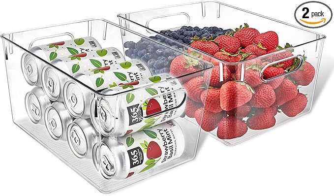 Lifemaster Multi-purpose Refrigerator Bins - 2 pieces Large Capacity Stackable Fridge Bin Organizer with Easy Grip Handles - Clear