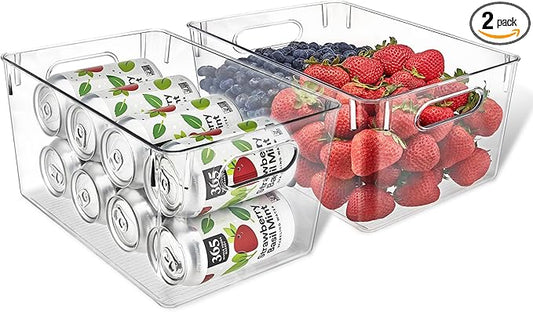 Lifemaster Multi-purpose Refrigerator Bins - 2 pieces Large Capacity Stackable Fridge Bin Organizer with Easy Grip Handles - Clear