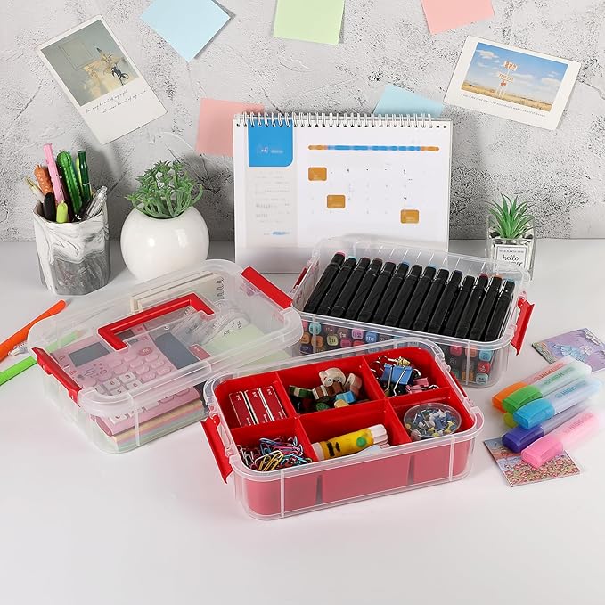 JUXYES 2Pack 3-Tiers Stack Carry Storage Box With Divided Tray, Transparent Stackable Storage Bin With Handle Lid Latching Storage Container for School & Office Supplies, Red