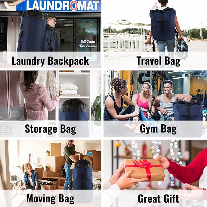 Laundry Backpack Bag 125L Extra Large, Heavy Duty for College Dorm & Apartment, Durable Thick Material Laundry Hamper with Padded Straps for Easy Carry, 3 Pockets for Travel & Laundromat (Dark Blue)