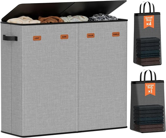 Laundry Hamper 4-Section with Lid, 185L Laundry Sorter with 4 Removable Bags + 1 Extra Large Bag, Switchable 3/4 Compartment, Laundry Basket Organizer for Bedroom, Laundry Room，Grey