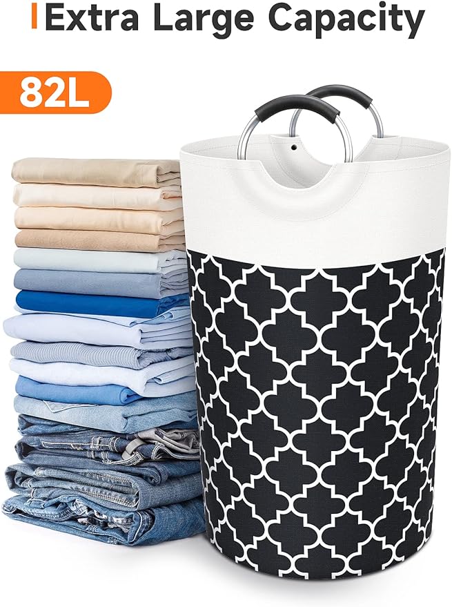 Fabspace Large Laundry Hampe Basket Washing Bin Clothes Bag Collapsible Tall with Handles Waterproof Travel Bathroom College Essentials Storage for College Dorm, Family (Black) 82L