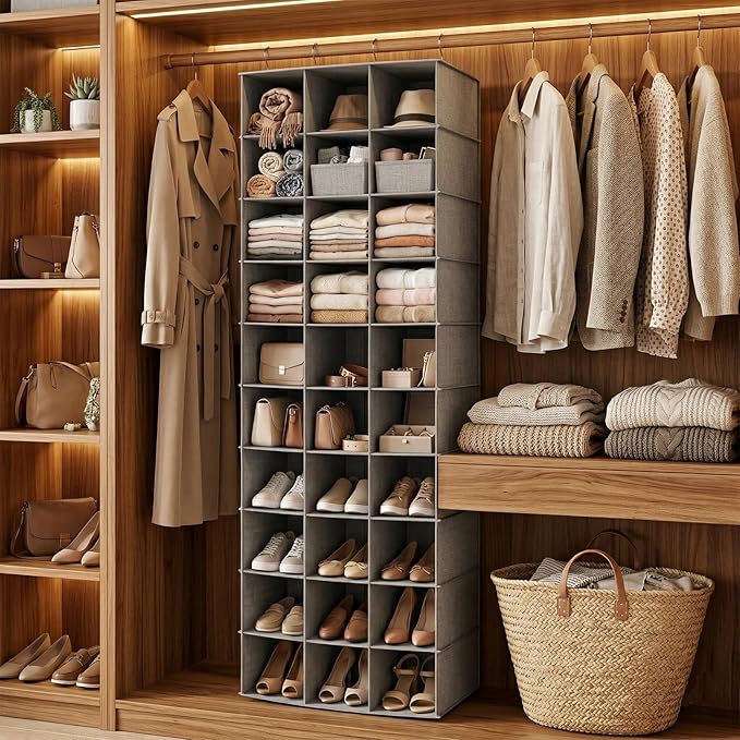 coastal rose Hanging Shoe Organizer for Closet, 30 Sections Hanging Closet Organizers and Storage Shelves Space Saving Shoe Rack Holder Hanger, Grey, 17''W×11.5''Dx 48''H