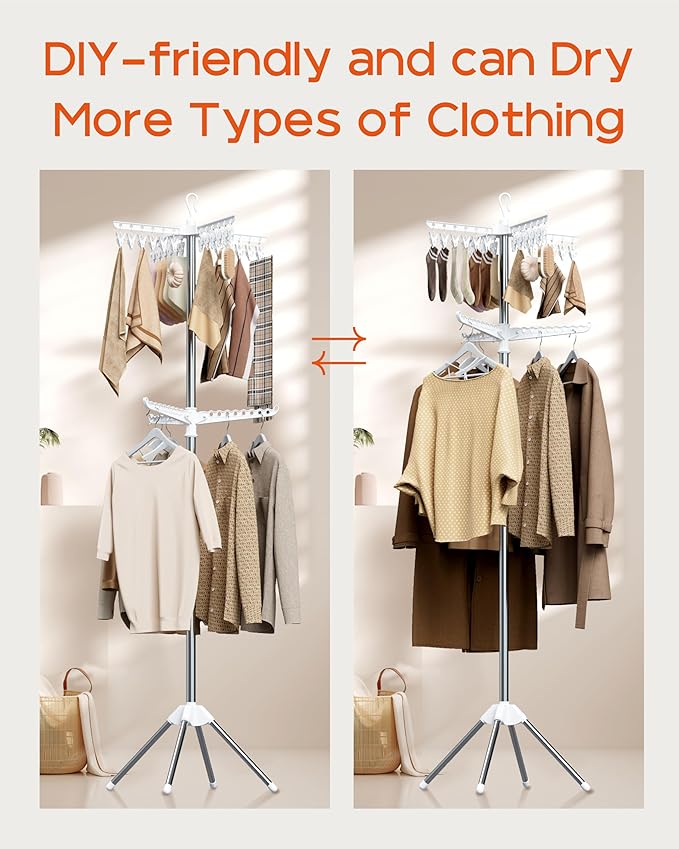 CASAMAYA Clothes Drying Rack Foldable, 72 inch 2 Tier Laundry Drying Rack with Rotating Clothes Rail for 27 Pieces of Clothes, Adjustable, 24 Clips, Space Saving, White and Silver CDR012W01