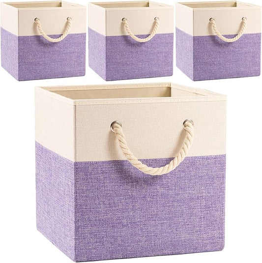 PRANDOM Large Foldable Cube Storage Bins 13x13 inch [4-Pack] Fabric Linen Storage Baskets Cubes Drawer with Cotton Handles Organizer for Shelves Nursery Closet Bedroom Purple