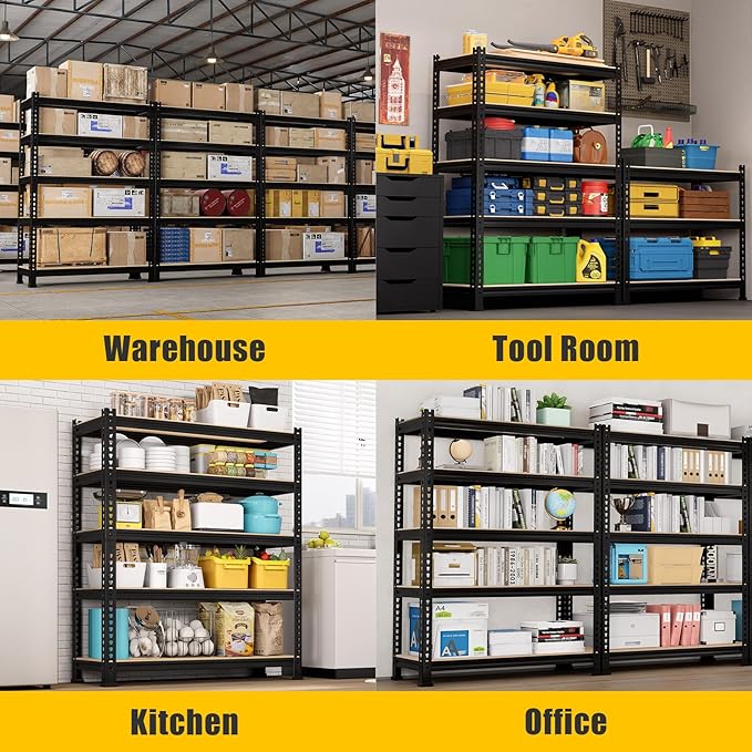 5-Tier Metal Storage Shelves: Heavy Duty Garage Shelving Adjustable Shelves for Storage - Black Utility Rack Shelf for Pantry, Warehouse, Closet, Office, Kitchen, 28" W x 12" D x 59" H