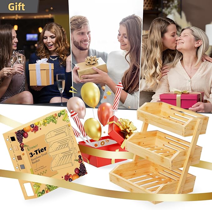 Bamboo 3 Tier Fruit Basket For Counter, Large Capacity Fruit Storage Countertop, Fruit Holder, Wooden Pantry Organizers and Storage, Kitchen Countertop Organizer With 2 Banana Hangers (Bamboo)