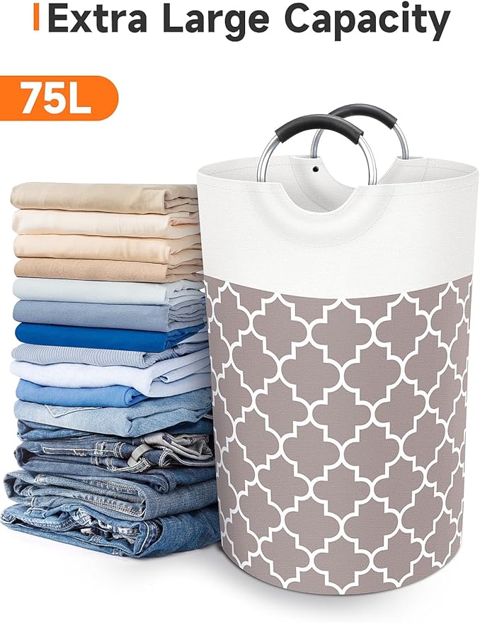 Fabspace Large Laundry Basket Laundry Hamper Bag Washing Bin Clothes Bag Collapsible Tall With Handles Waterproof Travel Bathroom College Essentials Storage For College Dorm, Family (Khaki)75L