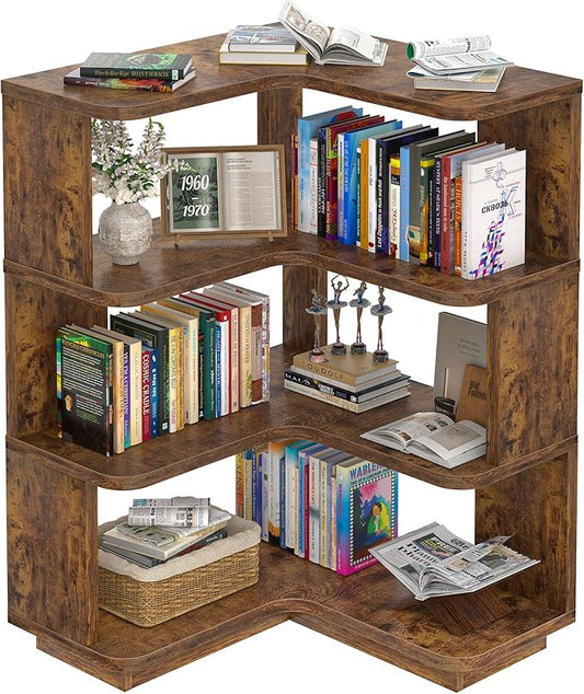 Armocity Corner Book Shelf - 4 Tier Corner Bookshelf Etagere Bookcase with Baffle, Freestanding L Shaped Display Shelf Stand for Home Office, Living Room, Bedroom, Kitchen, Rustic Brown
