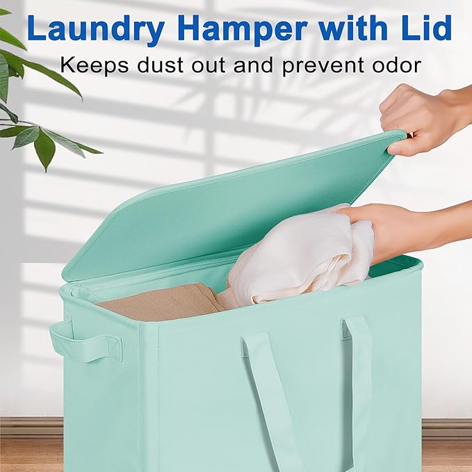 Vincona Slim Laundry Hamper with Lid and Wheels, Small Rolling Laundry Basket with Handle for Small Spaces, Tall Dirty Clothes Hampers for Dorm, Bathroom and Bedroom, 75L, Light Blue