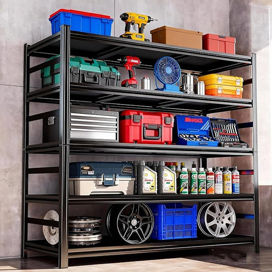 48" W Garage Shelving Garage Shelf Unit Storage Shelves Heavy Duty Metal Shelving Organizer Industrial Shelves for Warehouse Basement Kitchen Pantry, Black, 72" H X 48" W X 24" D