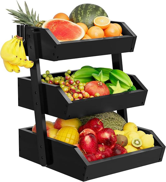Bamboo 3 Tier Fruit Basket For Counter, Large Capacity Fruit Storage Countertop, Fruit Holder, Wooden Pantry Organizers and Storage, Kitchen Countertop Organizer With 2 Banana Hangers (Black)