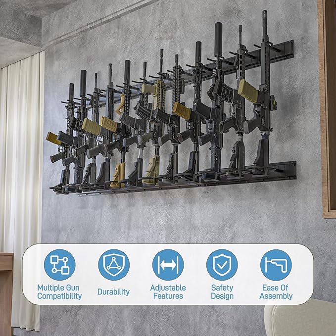 Gun Rack Wall Mount, Aluminium Alloy Gun Racks for Wall, Adjustable 4/8/12 Slot Indoor Gun Racks Securely Hold Shotguns Rifles Rack