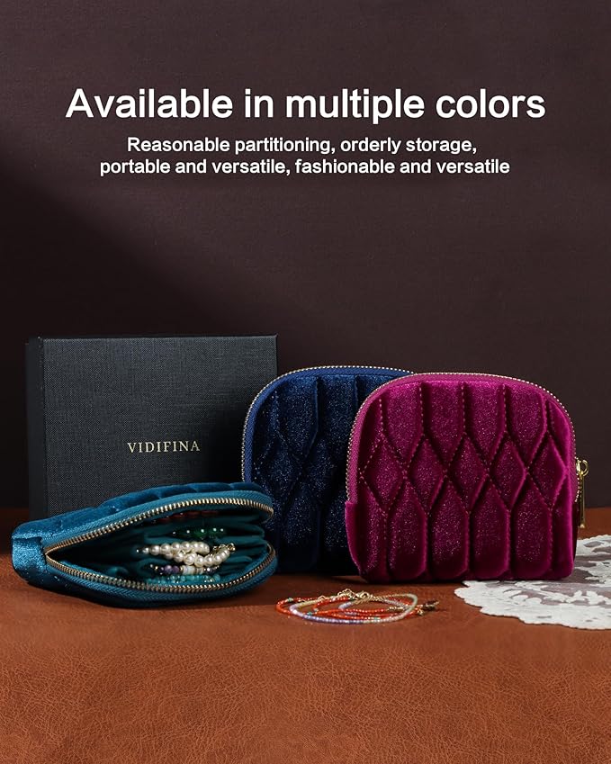 Small Travel Jewelry Case, Mini Travel Jewelry Bag with Zipper, 5-Layer Velvet Organizer Pouch for Bracelet Rings Earrings - Diamond Stitched Velvet Teal Blue