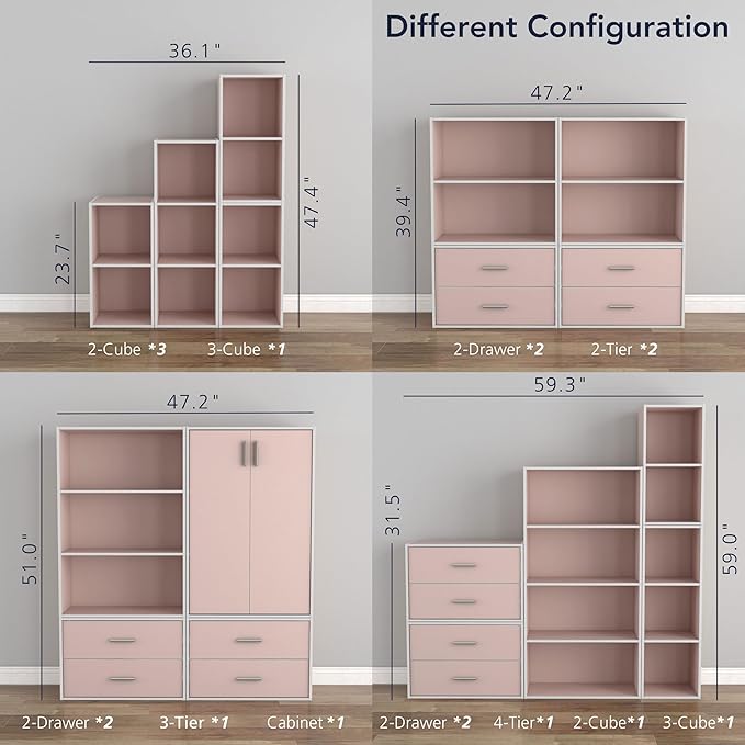 Homes: Inside + Out Apexa 3-Cube Storage Organizer Shelves, Stackable Wood Bookcase Fits Cubby Bins for Organization, Dorm Teen Room Decor & Home Office, Light Pink
