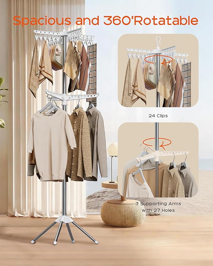 CASAMAYA Clothes Drying Rack Foldable, 72 inch 2 Tier Laundry Drying Rack with Rotating Clothes Rail for 27 Pieces of Clothes, Adjustable, 24 Clips, Space Saving, White and Silver CDR012W01