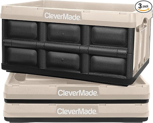 CleverMade Collapsible Storage Bins - Tan 3 Pack 32L - Stackable Containers Heavy Duty Capacity Folding Crates - Space-Saving for Home