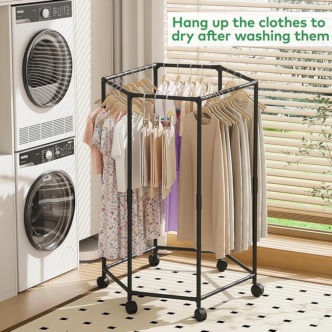 Clothes Rack with Wheels, Hexagonal Rolling Clothing Rack for Hanging Clothes, Clothes Drying Rack, Garment Storage for Bedroom, Laundry, Balcony (47" H)