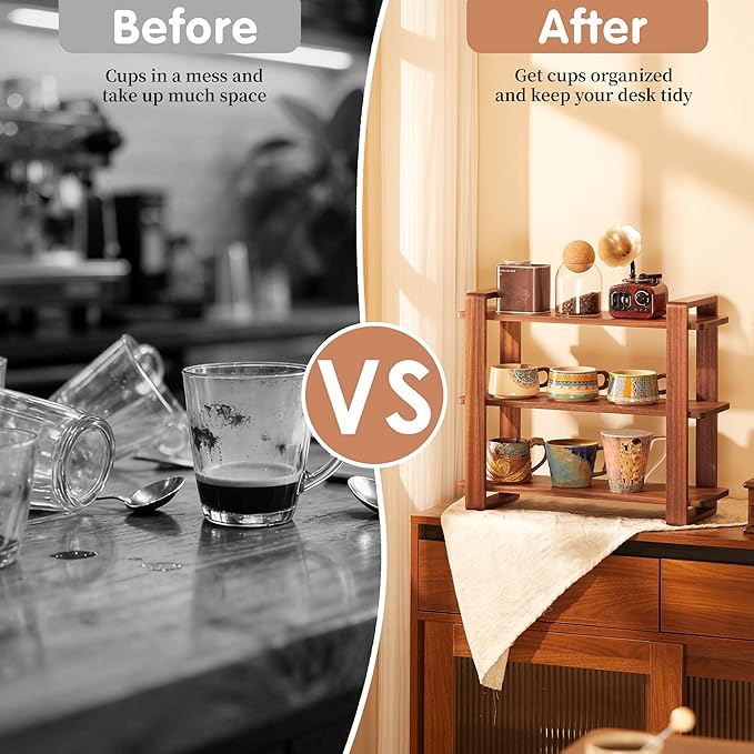 Coffee Station Organizer for Kitchen Countertop Mug Holder 3 Tier Wooden Cup Organizer Stand Shelf